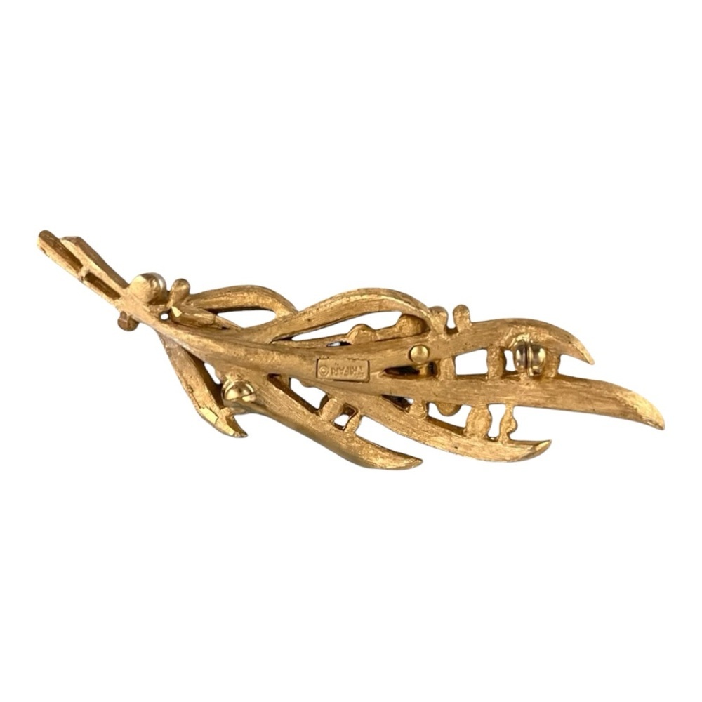 Trifari Brushed Gold Tone Vintage Leaf Faux Pearls MCM Brooch - Picture 6 of 6